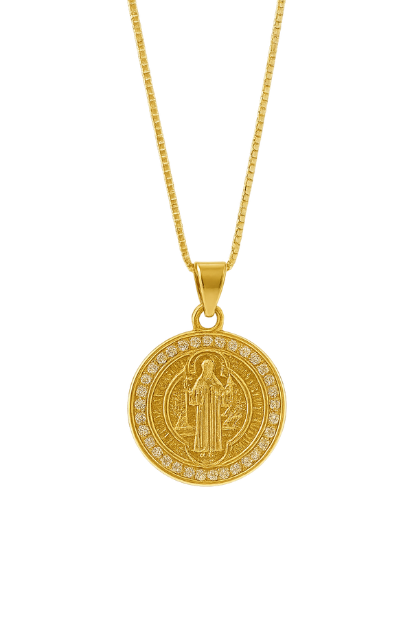 Colar Medalha São Bento Cravejado Zircônias Banho De Ouro 18k