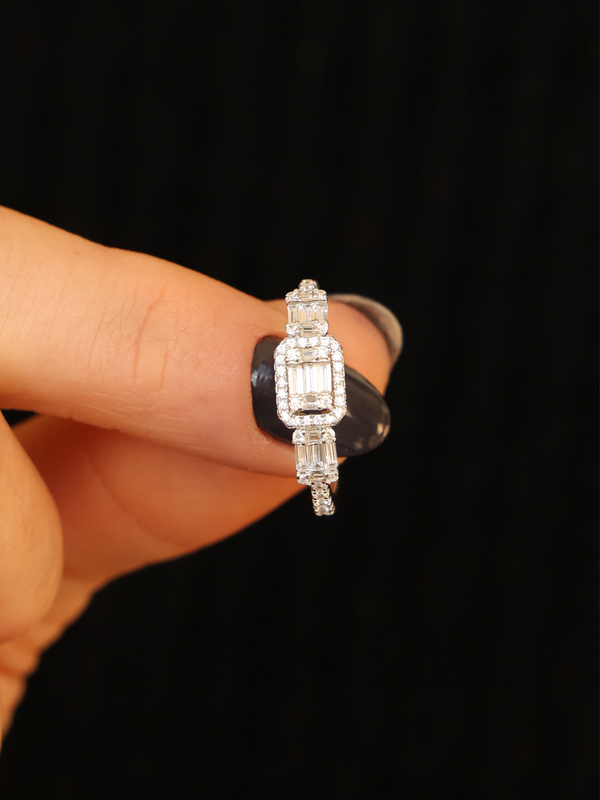 Anel Solitário Baguete Prata 925 Ródio Branco Zircônias Cristal