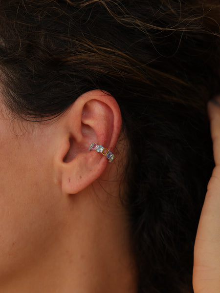 Ear Cuff Cravação Oval Rainbow Prata 925 Multicolorido