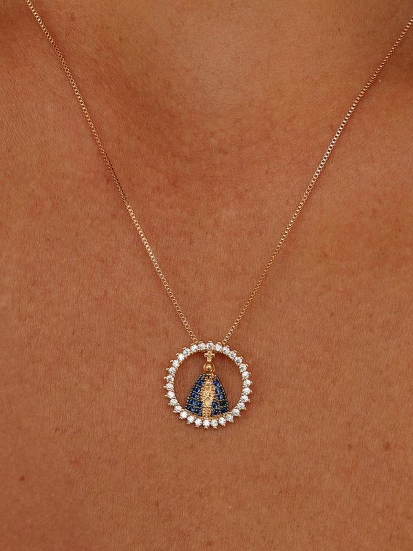 Colar Medalha Nossa Senhora Aparecida Cravejada Ouro 18k