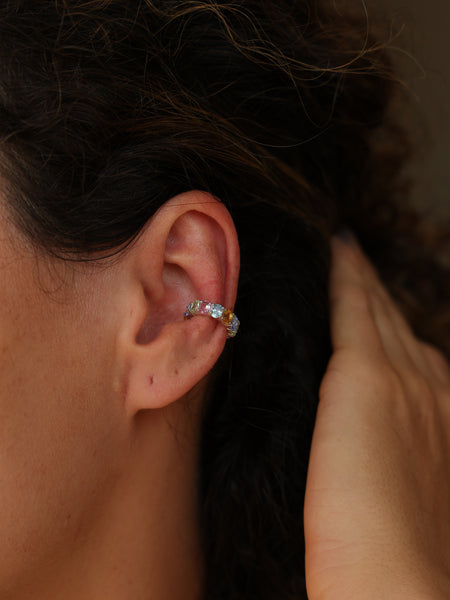 Ear Cuff Cravação Oval Rainbow Prata 925 Multicolorido