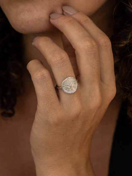 Anel Divino Espírito Santo Prata 925 com Zircônias — Semijoia Religiosa