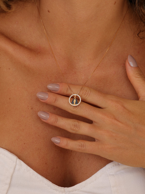 Colar Medalha Nossa Senhora Aparecida Cravejada Ouro 18k