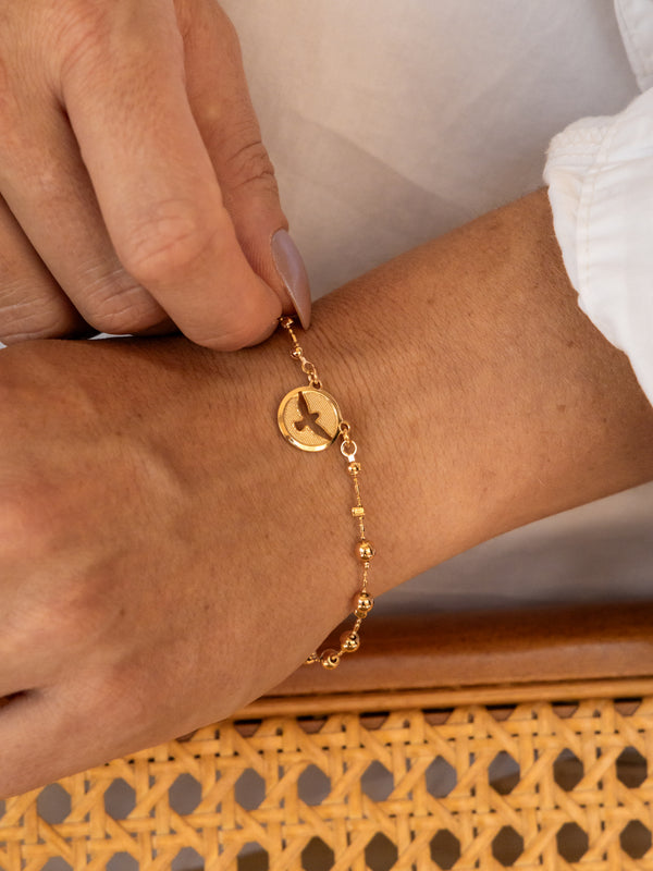 Pulseira Divino Espírito Santo Medallhão Dourado Banho Ouro 18k