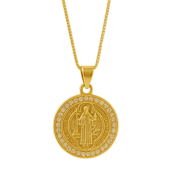 Colar Medalha São Bento Cravejado Zircônias Banho De Ouro 18k