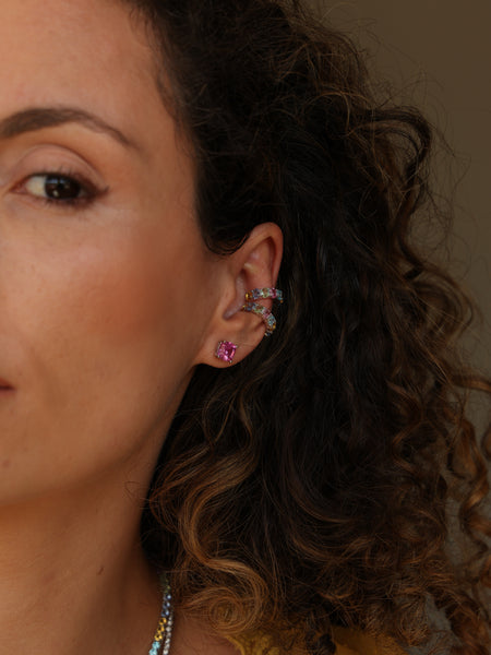 Ear Cuff Cravação Oval Rainbow Prata 925 Multicolorido