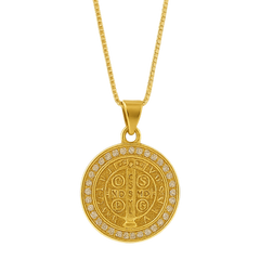 Colar Medalha São Bento Cravejado Zircônias Banho De Ouro 18k