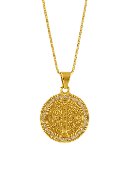 Colar Medalha São Bento Cravejado Banho De Ouro 18k