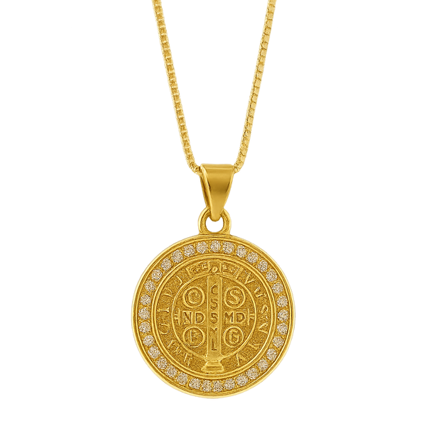 Colar Medalha São Bento Cravejado Zircônias Banho De Ouro 18k