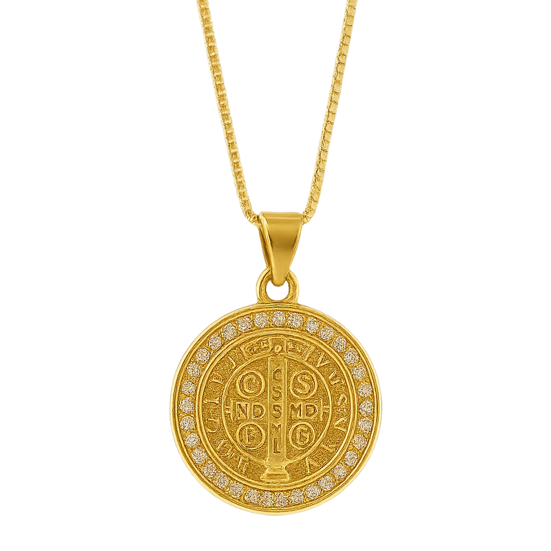 Colar Medalha São Bento Cravejado Zircônias Banho De Ouro 18k