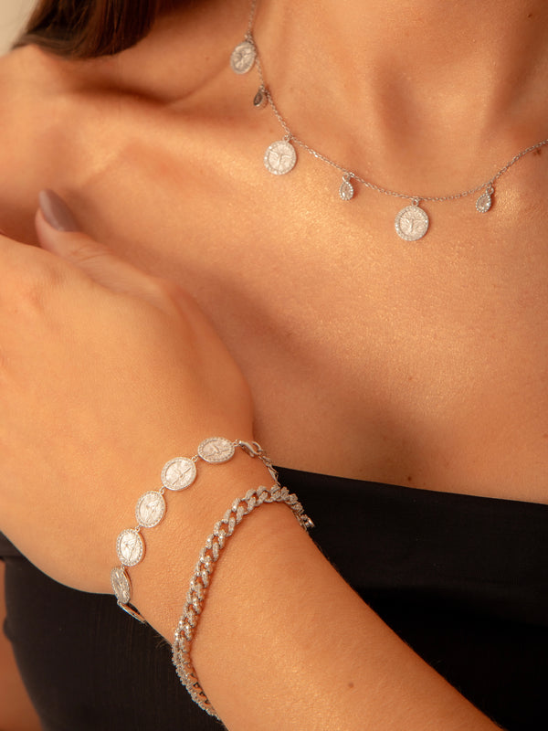 Pulseira Medalhas Divino Espírito Santo Prata 925 Ródio Branco