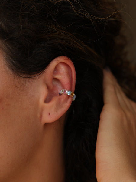 Ear Cuff Cravação Oval Rainbow Prata 925 Multicolorido