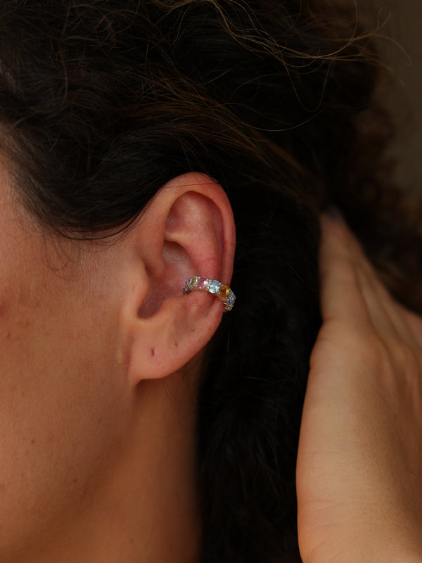 Ear Cuff Cravação Oval Rainbow Prata 925 Multicolorido