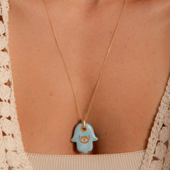 Colar Palma de Hamsa Porcelana P925 Longo