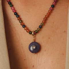 Colar Pedra Natural Jade Turmalina Pingente Jade Lilas e zirconia Lilas