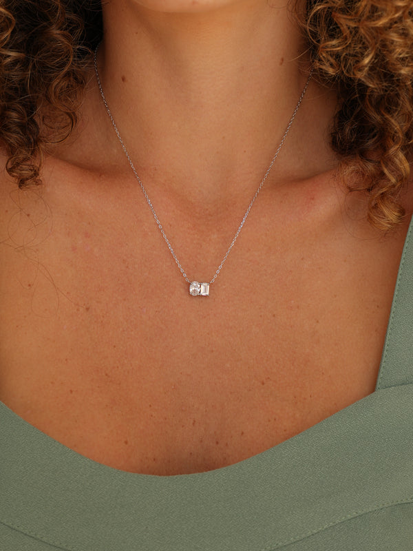 Colar Duo Luz Brilhante Prata 925 Zircônias Oval e Baguete