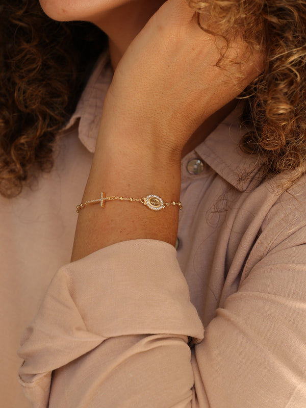 Pulseira Cruz Nossa Senhora das Graças Prata 925 Ródio Zircônias