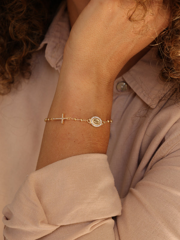 Pulseira Cruz Nossa Senhora das Graças Prata 925 Ródio Zircônias
