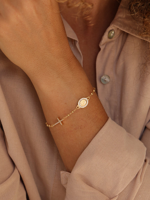 Pulseira Cruz Nossa Senhora das Graças Prata 925 Ródio Zircônias