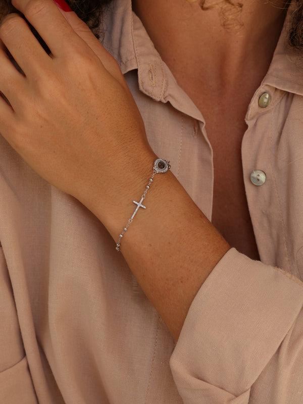 Pulseira Cruz e Nossa Senhora das Graças Prata 925 Ródio Branco