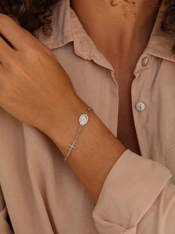 Pulseira Cruz e Nossa Senhora das Graças Prata 925 Ródio Branco