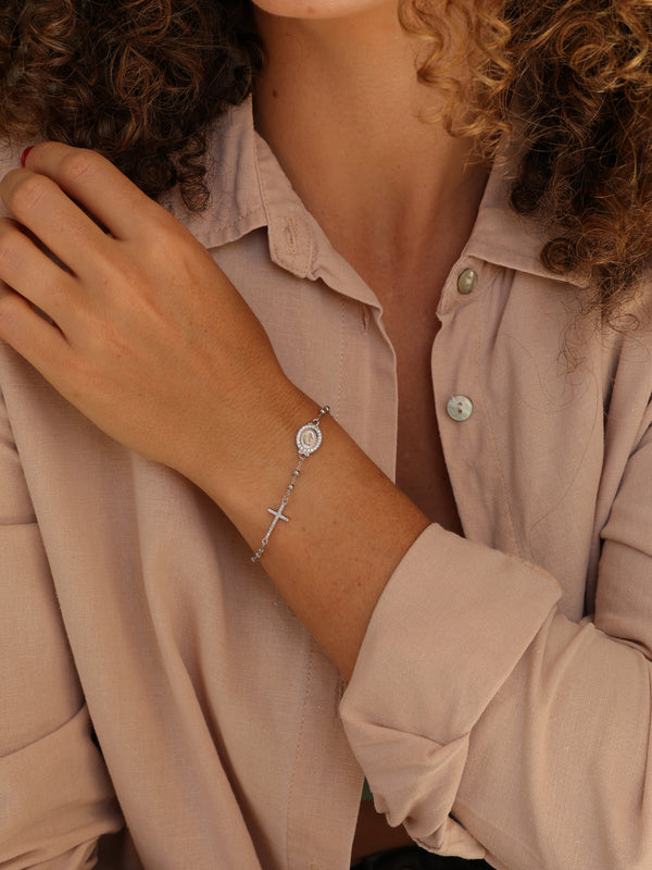 Pulseira Cruz e Nossa Senhora das Graças Prata 925 Ródio Branco