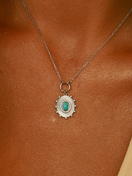 Colar Prata 925 Pingente Oval Frisado com Turquesa e Zircônias