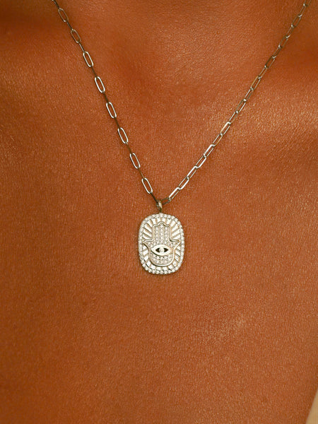 Colar Hamsa Pavê Zircônias Prata 925 Banho Ródio Branco