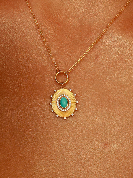 Colar Prata 925 Banho Ouro Pingente Oval Frisado com Turquesa e Zircônias