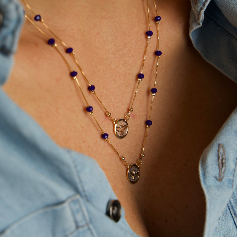 Colar Duplo Divino Espirito Santo Cristais Azuis Escuro