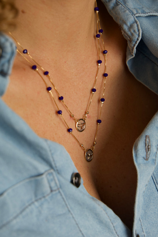 Colar Duplo Divino Espirito Santo Cristais Azuis Escuro