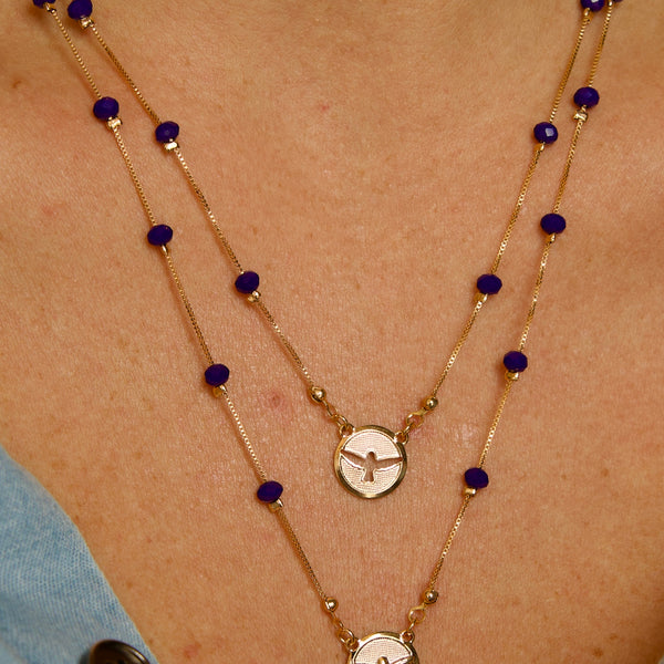 Colar Duplo Divino Espirito Santo Cristais Azuis Escuro