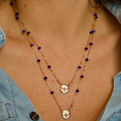 Colar Duplo Divino Espirito Santo Cristais Azuis Escuro