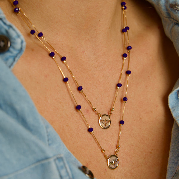 Colar Duplo Divino Espirito Santo Cristais Azuis Escuro