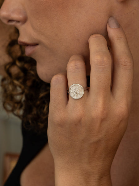 Anel Divino Espírito Santo Prata 925 com Zircônias — Semijoia Religiosa