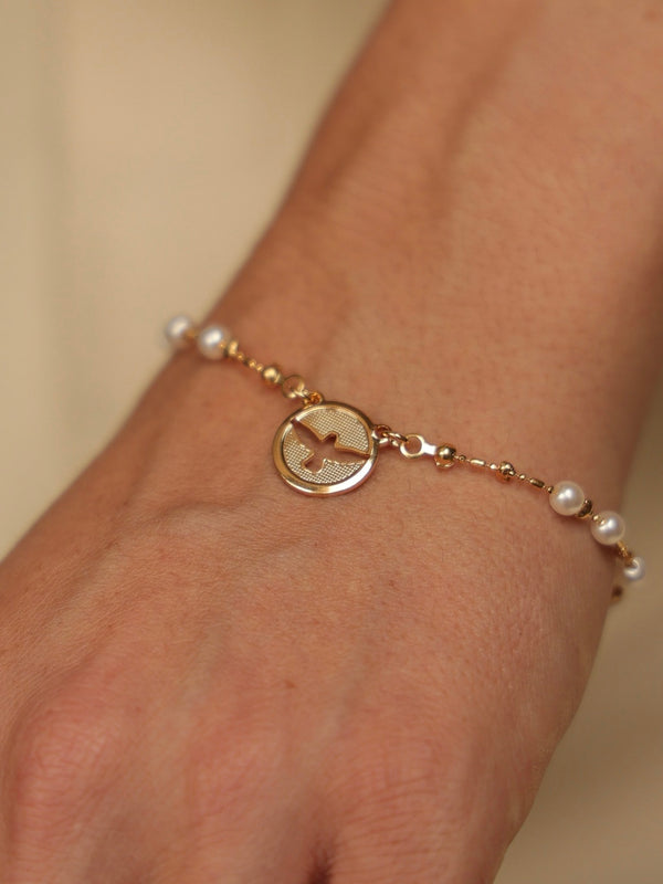 Pulseira Divino Espírito Santo com Pérolas Banho Ouro 18k