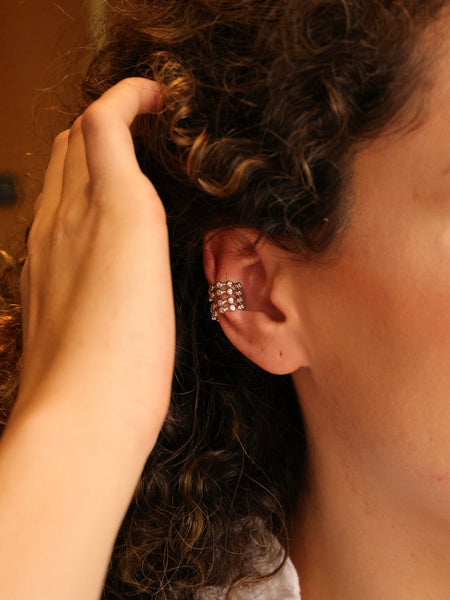 Piercing Ear Cuff Pontos de Luz Prata 925 Ródio Branco Zircônias