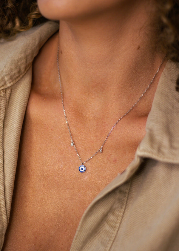 Colar Olho Grego Cravação com zircônia e Safira P925